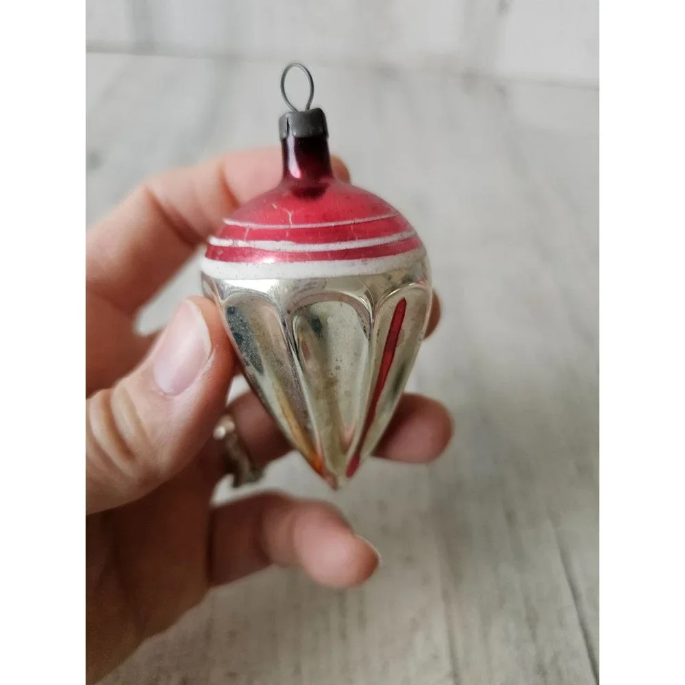 Antique torpedo topper‎ red striped glass ornament silver Xmas tree